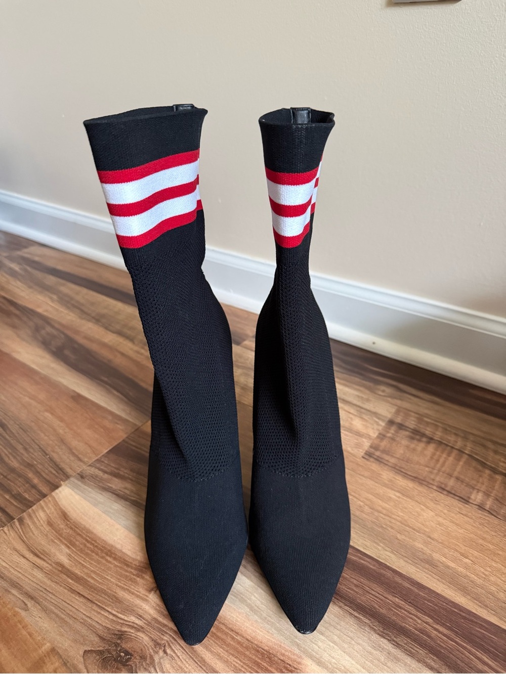 Steve Madden Black Sock Boots with Red and White Cuff Stripes